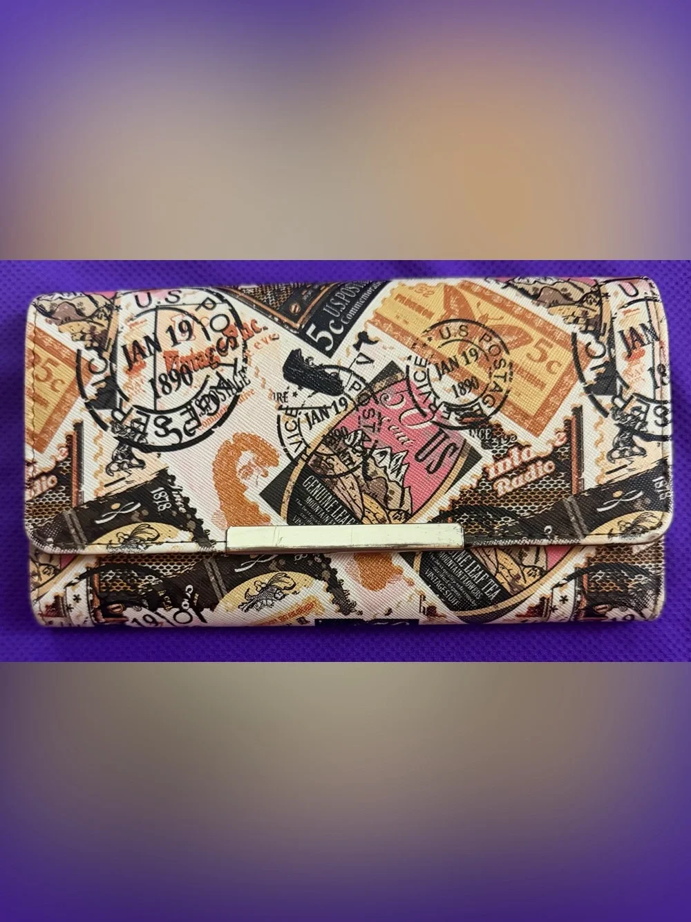 Printed Travel-Stamp Women’s Wallet in Pink and Brown